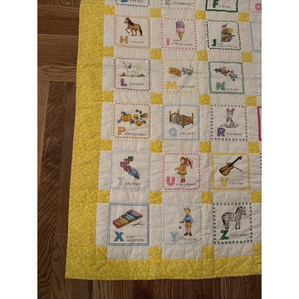 Handmade Children's Alphabet Yellow White Quilt Squares Handprint Back 48.5